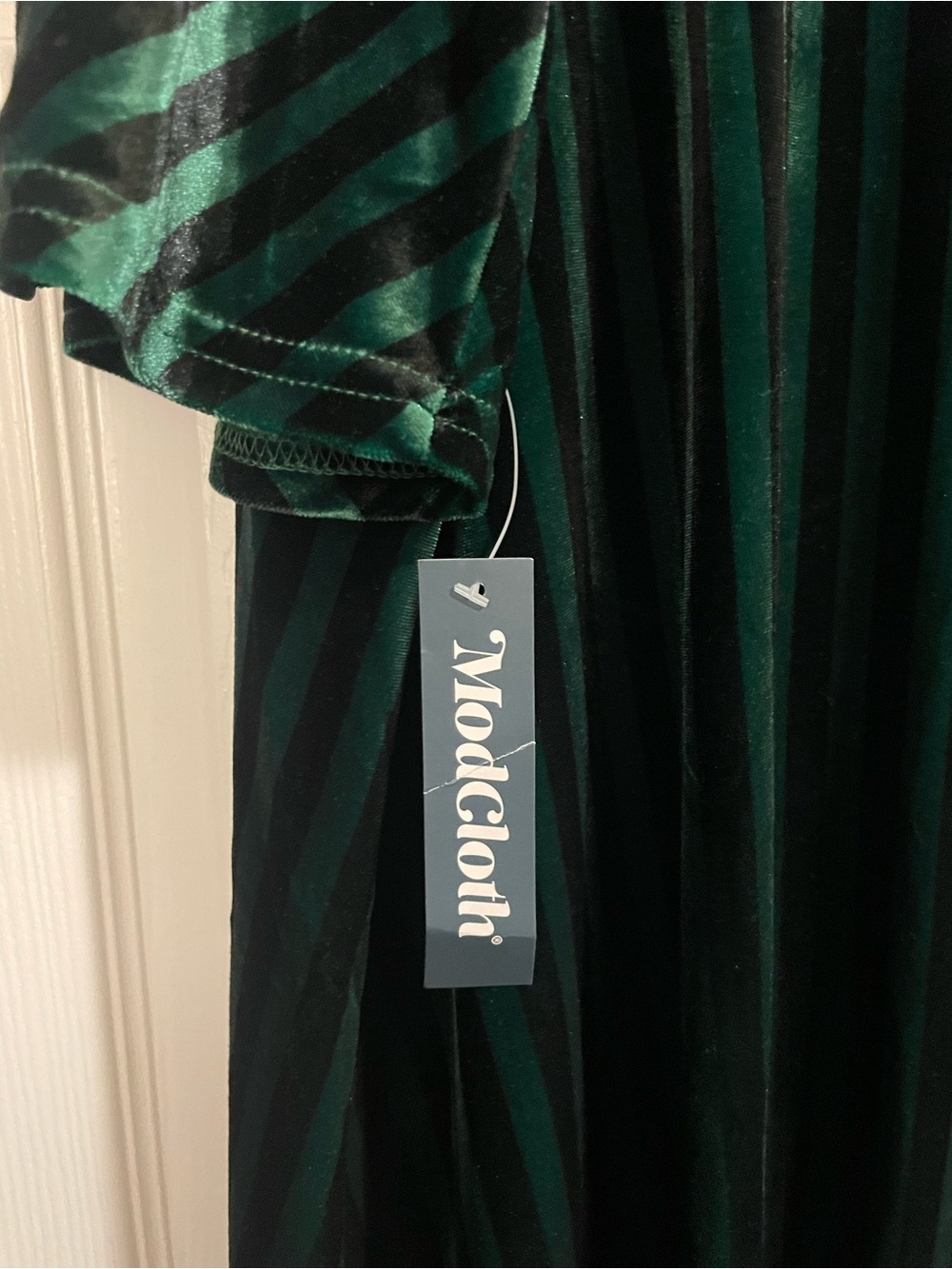 Modcloth Emerald Green and Black Striped Velvet Swing Dress